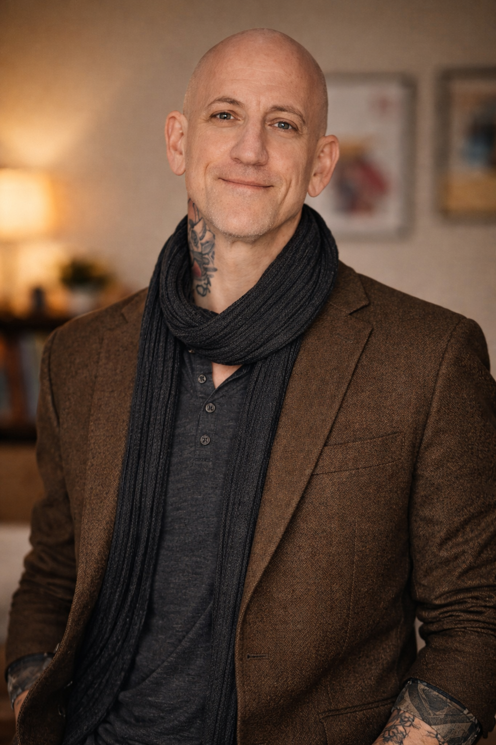 A middle-aged man with a shaved head and tattoo on his neck, wearing a brown blazer, black shirt, and black scarf, standing indoors with blurred artwork and a lamp in the background.