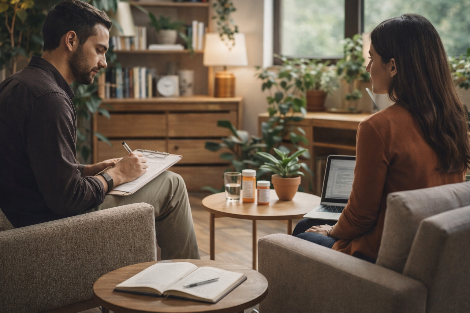 A therapist and a patient sitting in a cozy therapy room with plants, books, and large windows. The therapist is taking notes on a clipboard, and the patient has a laptop open on their lap. There are medication bottles, glasses of water, and an open notebook on small tables in front of them.