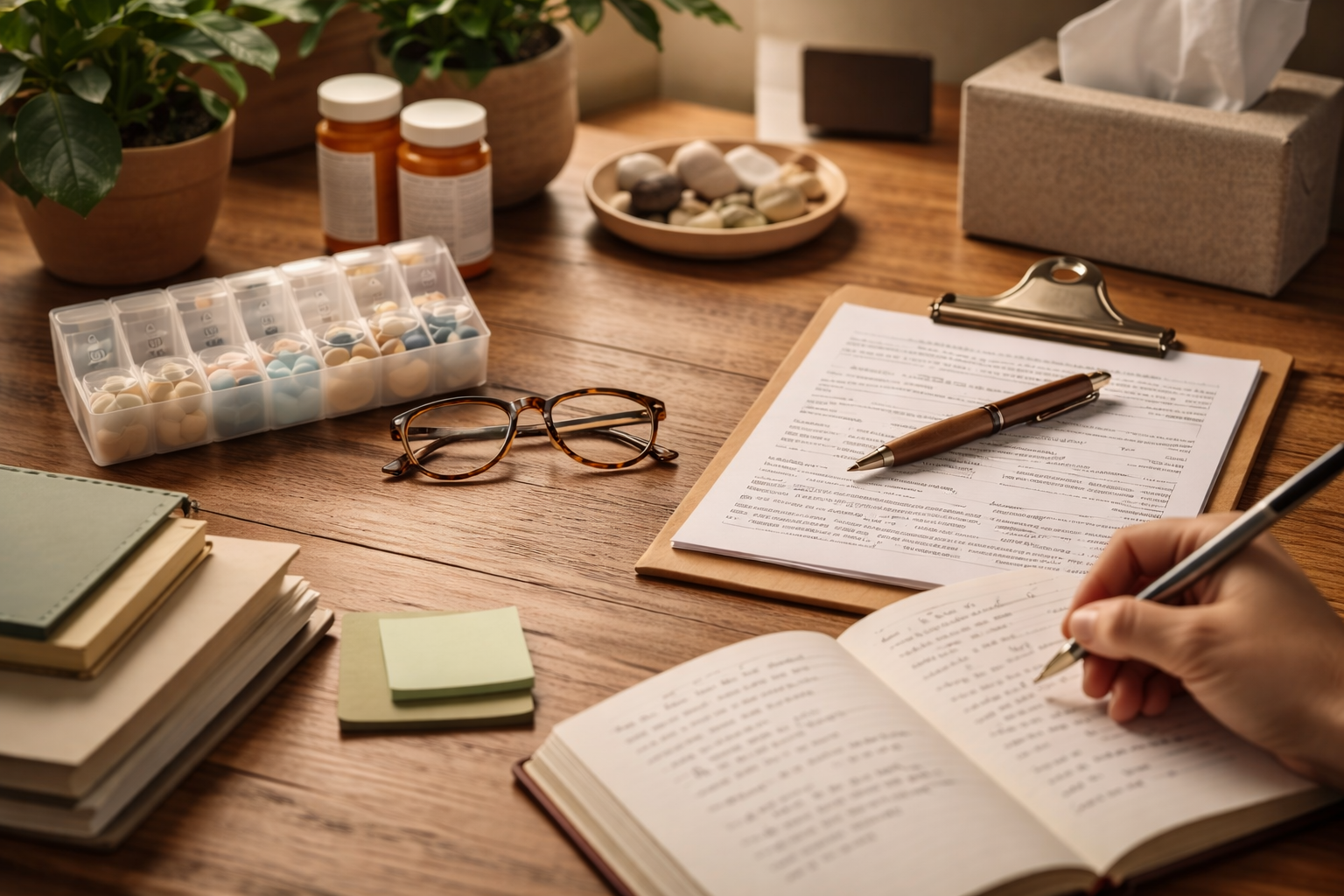 Desk with notebooks, glasses, medication bottles, pills, a clipboard with papers, a pen, and a person's hand writing in a book.