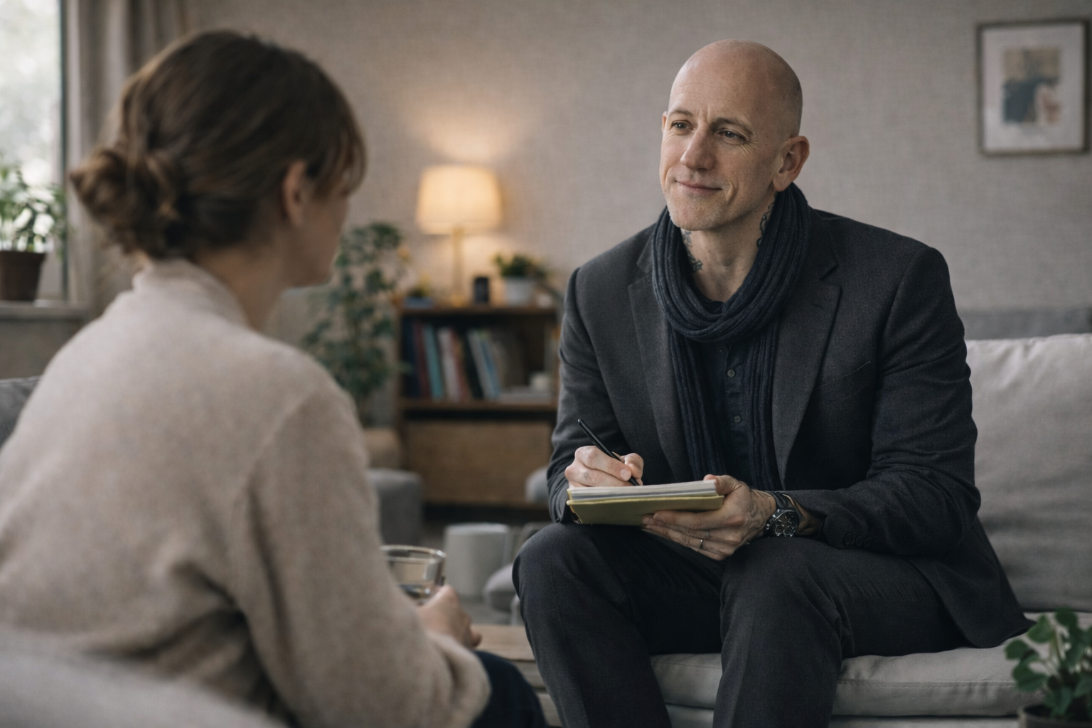 A man wearing a dark blazer and scarf sitting on a couch with a notepad, talking to a woman with hair in a bun holding a glass, in a cozy living room with a lamp, bookshelf, and framed art.
