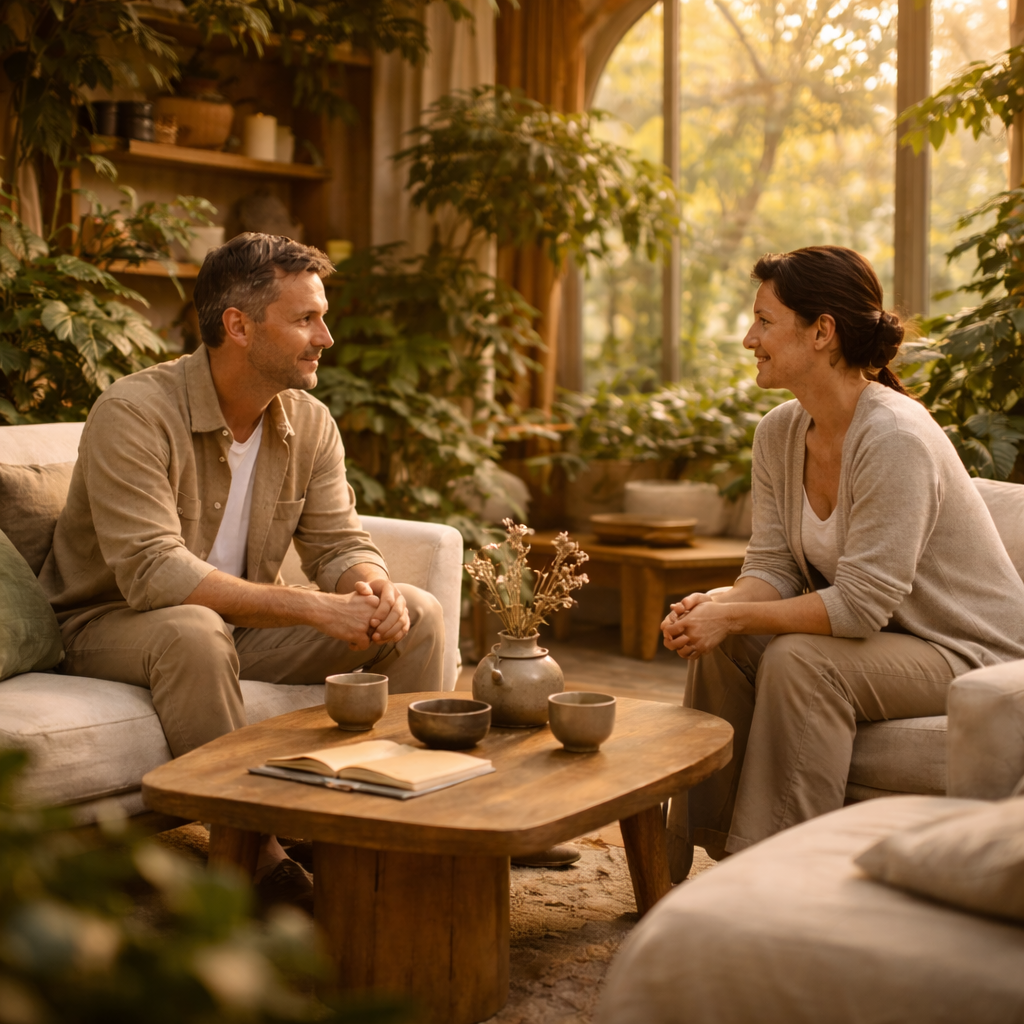 A man and woman sitting on sofas facing each other, smiling and talking in a cozy, sunlit room with lots of green plants and a wooden table with cups and a book.