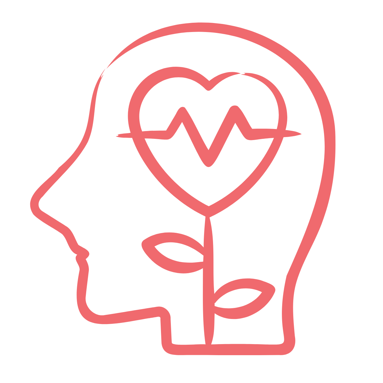 Line drawing of a human head profile with a heart at the center and an electrocardiogram line inside the heart.