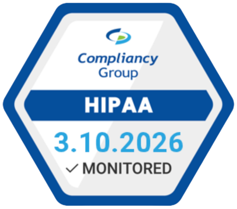Compliance Group HIPAA certification badge dated March 10, 2026, with a hexagonal shape and blue and white colors.