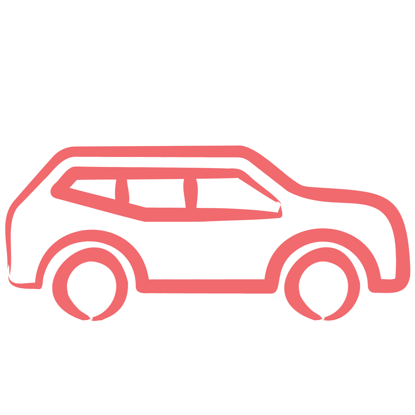 Line drawing of a pink car with black windows and wheels on a black background.