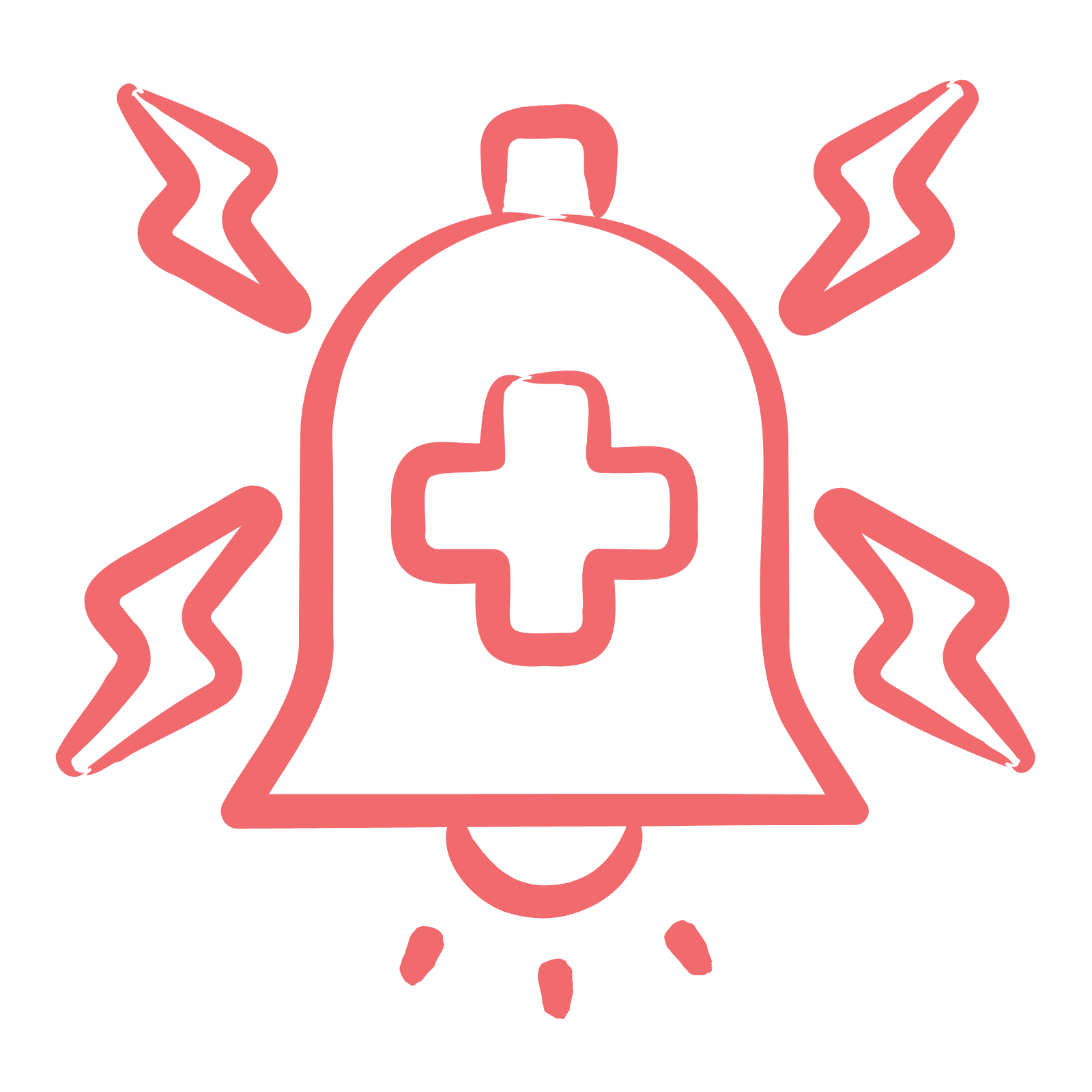 A pink neon line drawing of a school bell with a medical cross on its body, surrounded by zigzag lines indicating ringing or alert.