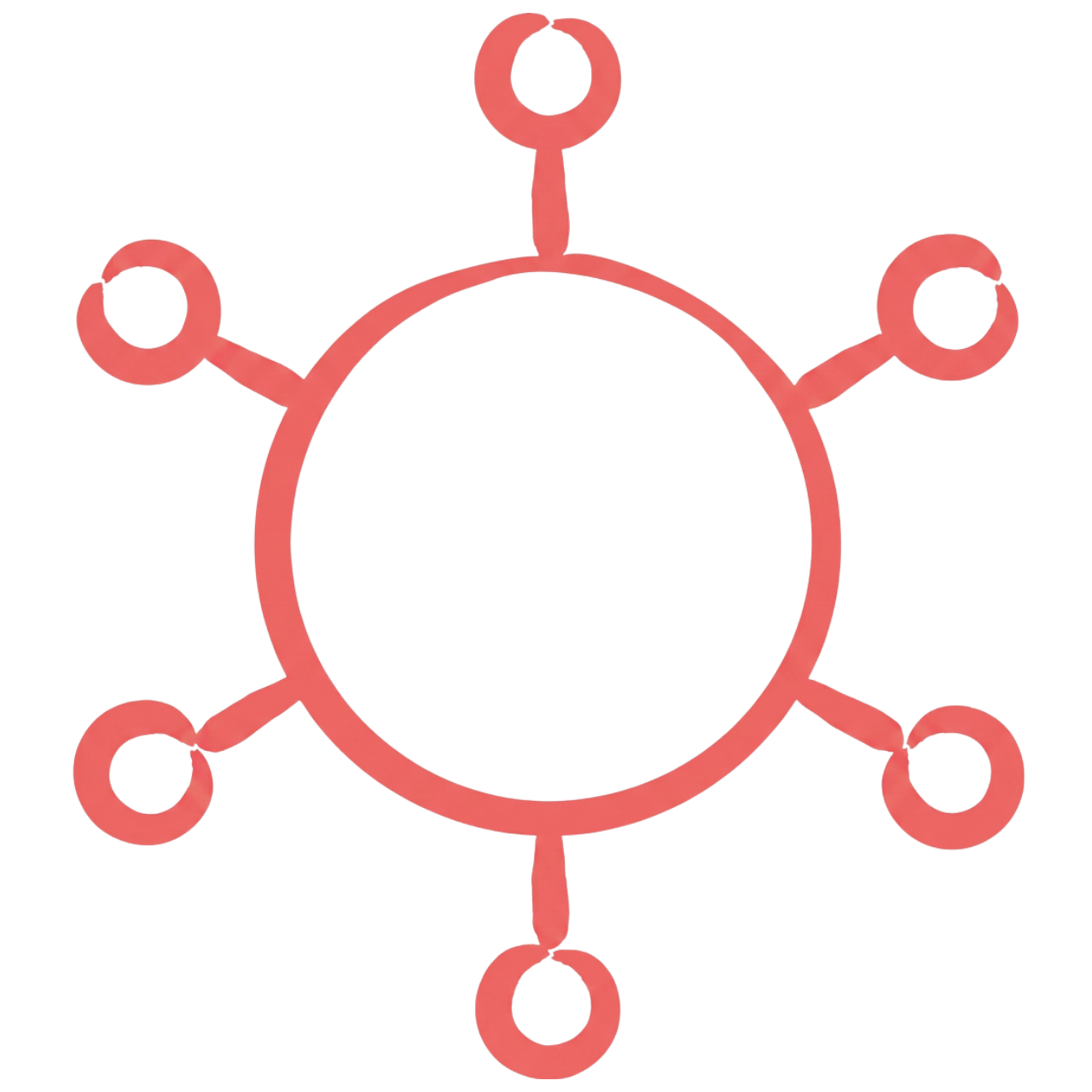 A digital illustration of a pink network diagram with one large central circle connected to six smaller circles around it.