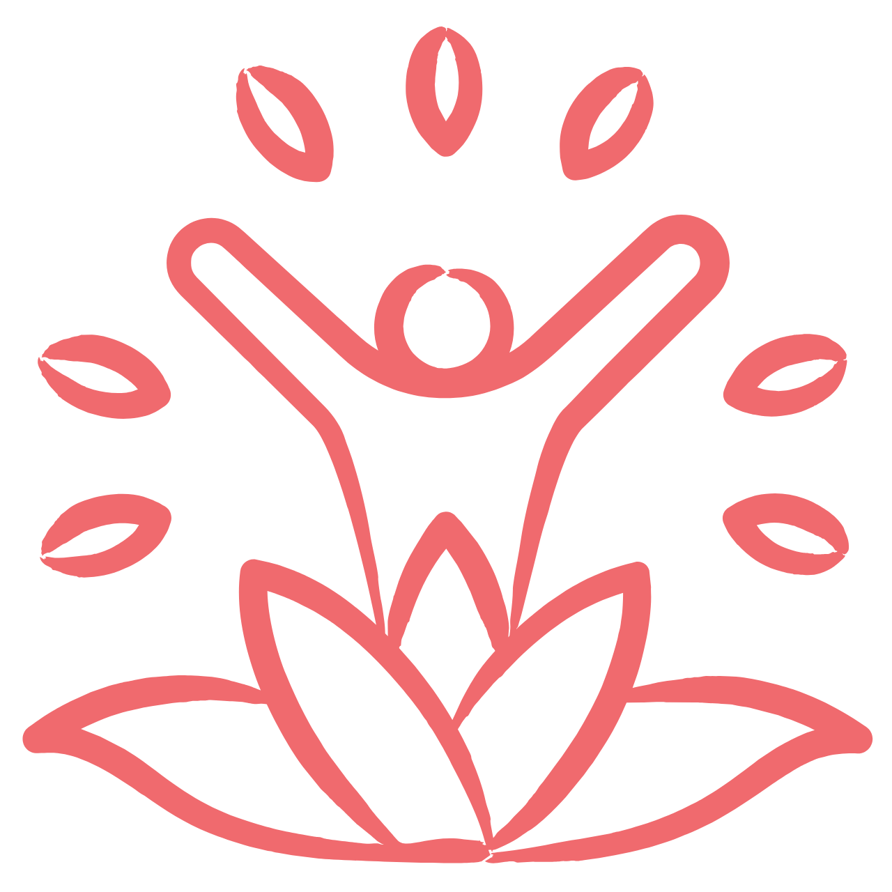 A minimalist line drawing of a person with arms raised inside a blooming flower with surrounding leaves