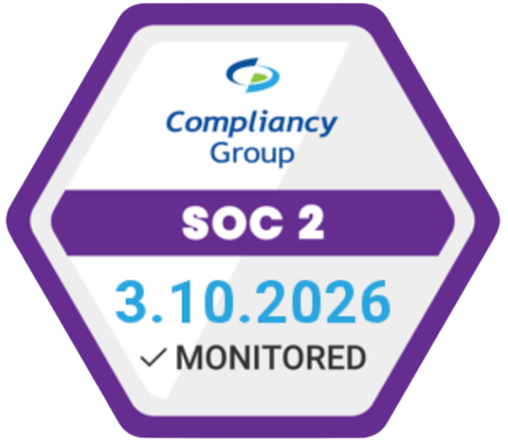 Hexagonal certification badge from Compliancy Group, indicating SOC 2 monitoring status as of October 3, 2026.