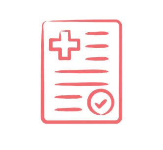 Medical clipboard with a cross symbol, lines representing text, and a check mark at the bottom.