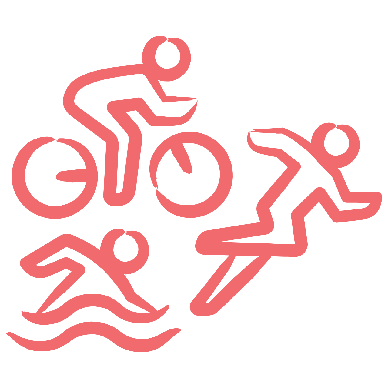 Icon of three figures in different water sports: one riding a bike, one swimming, and one running.