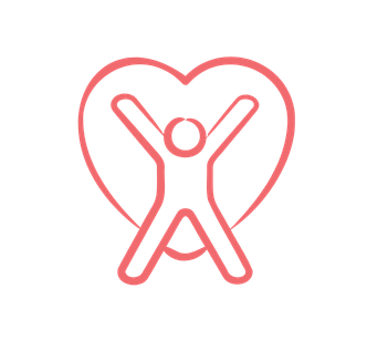 Neon pink outline of a person with arms raised inside a heart shape.