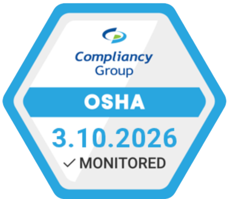 An OSHA safety certification badge from Compliancy Group, dated March 10, 2026, marked as monitored.