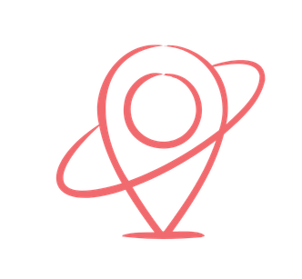 A minimalist red line drawing of a planet with a ring, resembling Saturn, combined with a location pin icon.