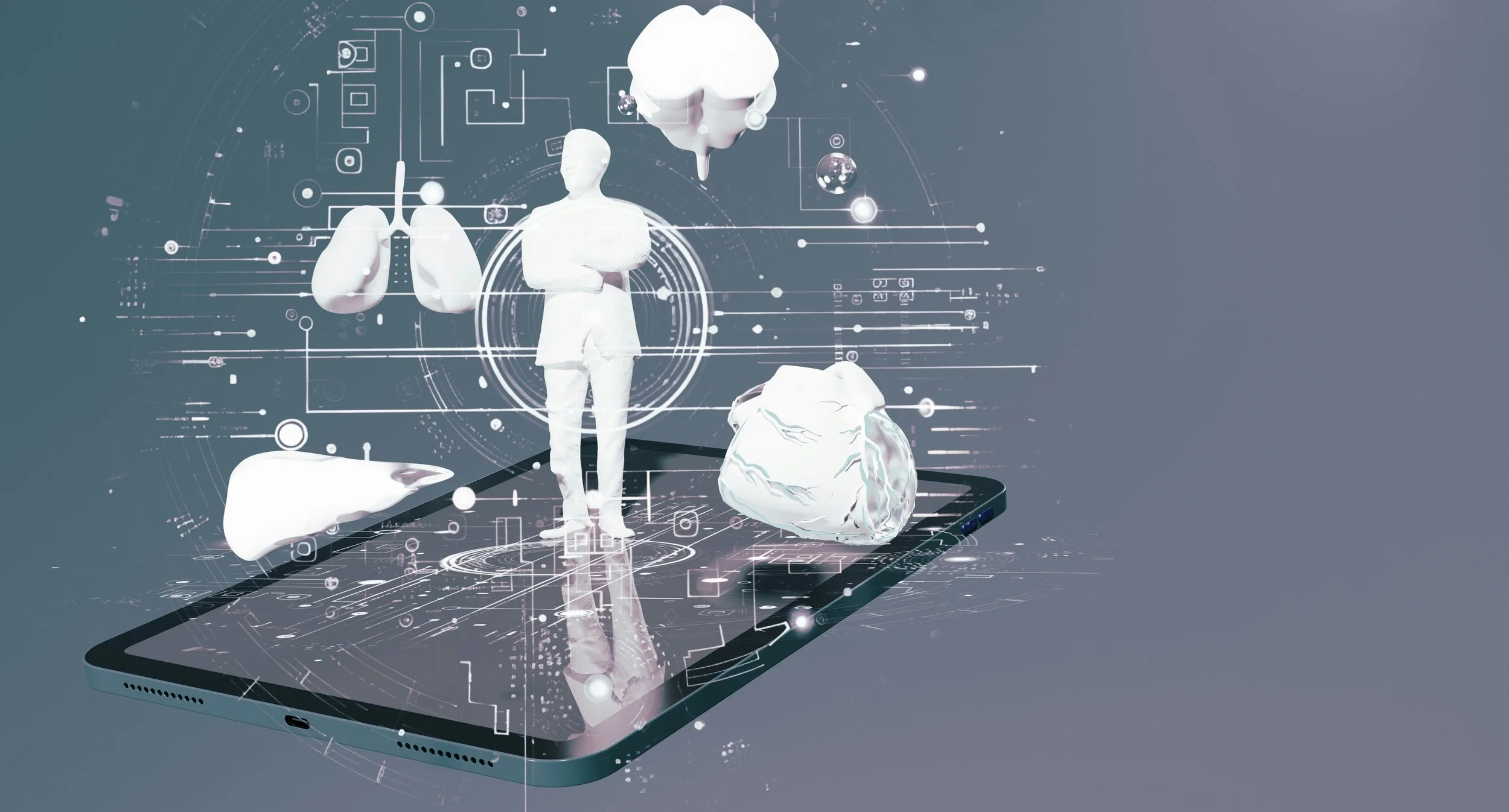 A digital rendering of a human figure with a headset, standing on a smartphone with scientific and technological symbols, holographically projecting organs and abstract data.
