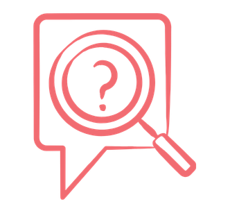Magnifying glass with a question mark inside, surrounding a speech bubble outline