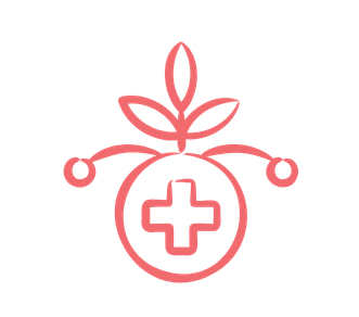 A pink medical symbol with a cross inside a circle and decorative elements resembling leaves or petals above, connected by curved lines.