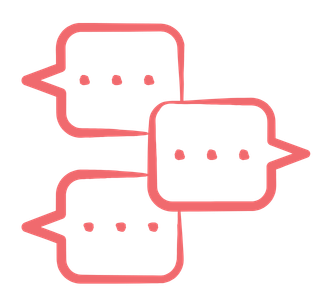 Three speech bubbles with three dots inside each, interconnected, in pink outlines.