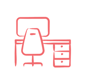 Line drawing of a desk with a computer monitor, a chair in front of it, and a filing cabinet to the right.
