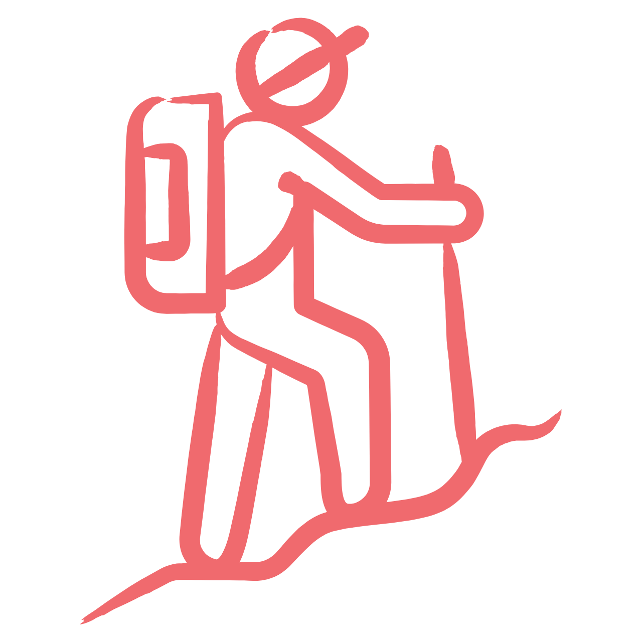 Outline drawing of a person sitting on a rock, wearing a hat and a backpack.