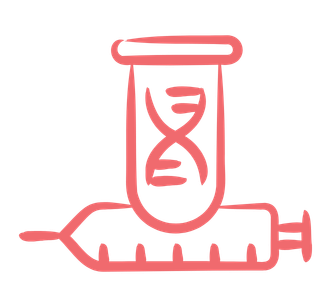 Illustration of a DNA double helix inside a medicine vial with a syringe.