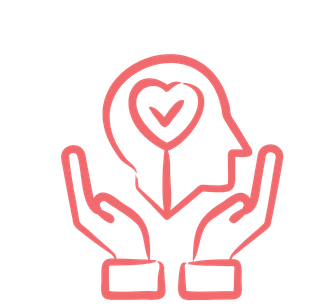 Outline drawing of a human head with a heart inside, supported by two hands.