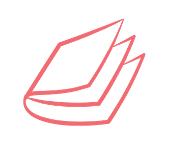 Line drawing of a closed book with pages, in pink outline.
