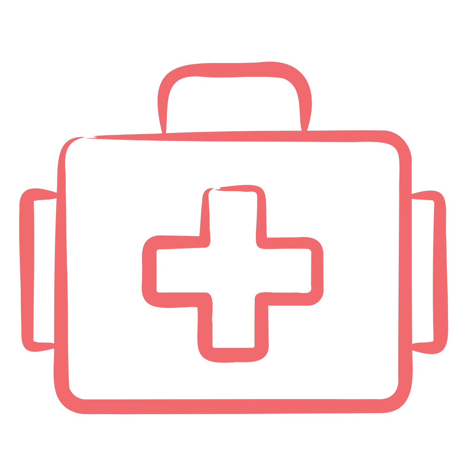 Outline of a first aid kit with a cross in the center, done in pink lines.