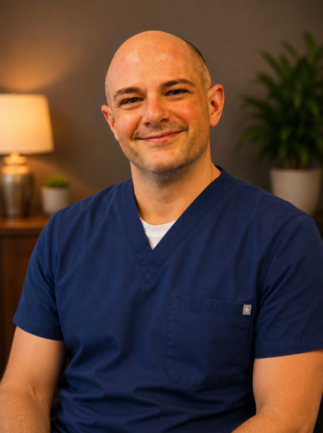 A smiling man in blue medical scrubs sitting in a warmly lit room with a lamp, plant, and decorative items in the background.