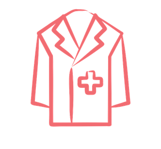 Outline of a medical professional's coat with a cross symbol on the chest.