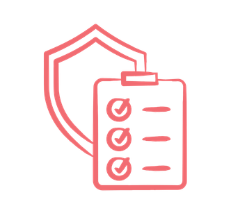 A pink outline of a shield with a document featuring checkmarks and lines.