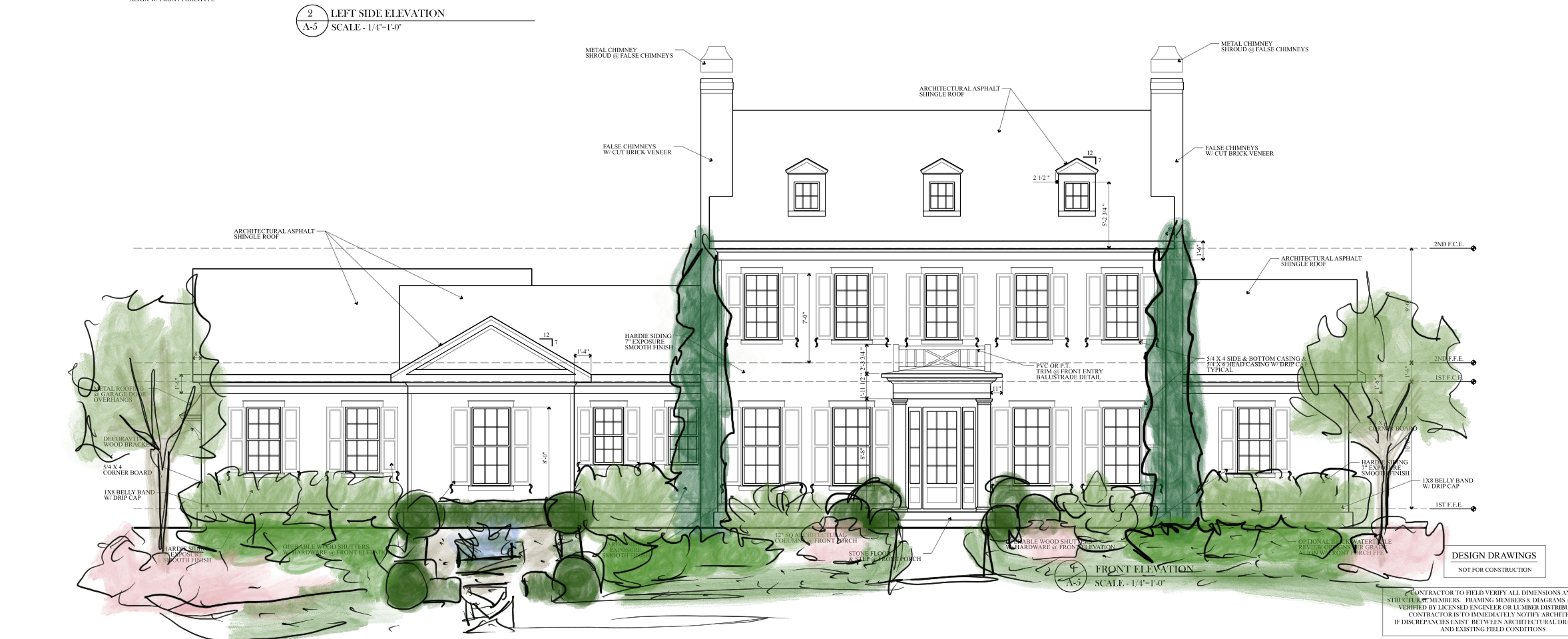 Architectural blueprint of a front elevation of a house with trees and shrubbery in front.