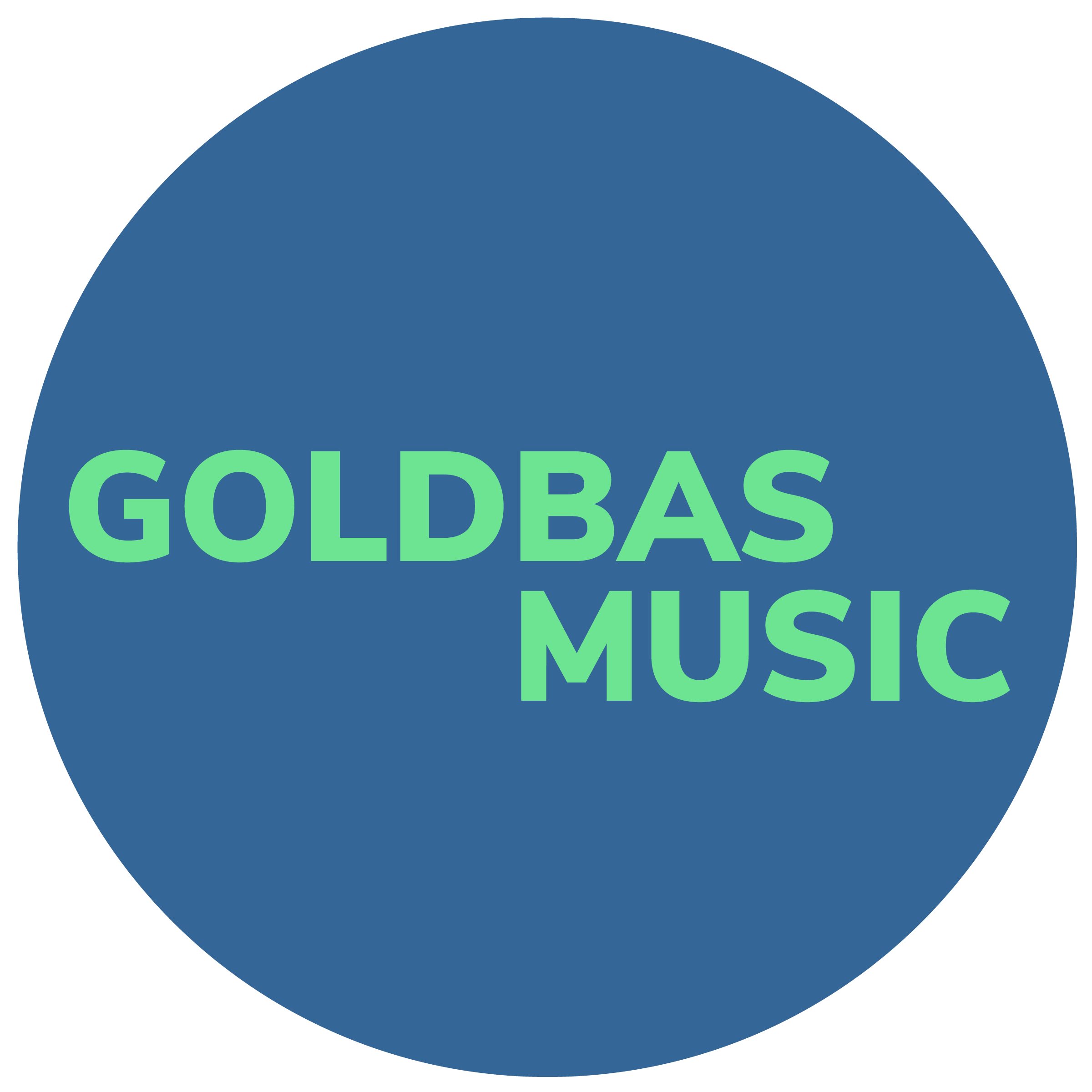 Blue circle with green text reading 'GOLDBAS MUSIC'.