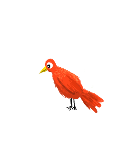Cartoon illustration of a red bird with a yellow beak and black legs, standing on a perch against a black background.