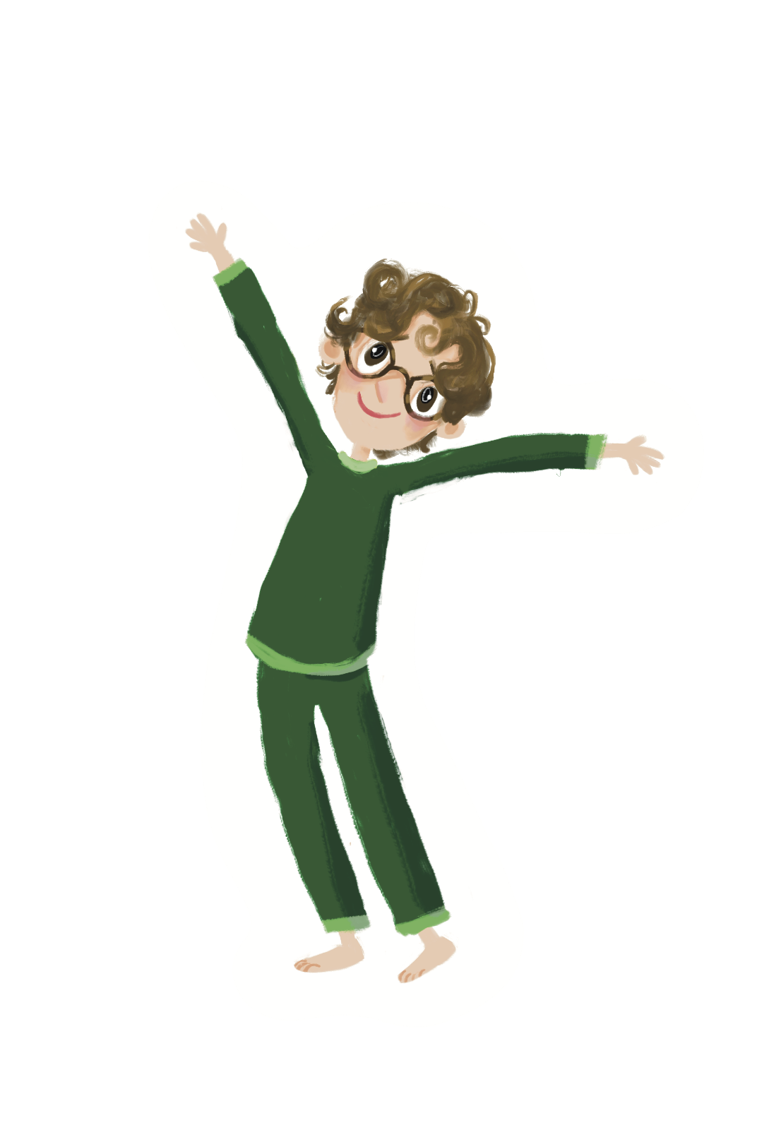 A cheerful child with curly brown hair, glasses, wearing a green outfit, smiling with arms raised in a joyful pose.