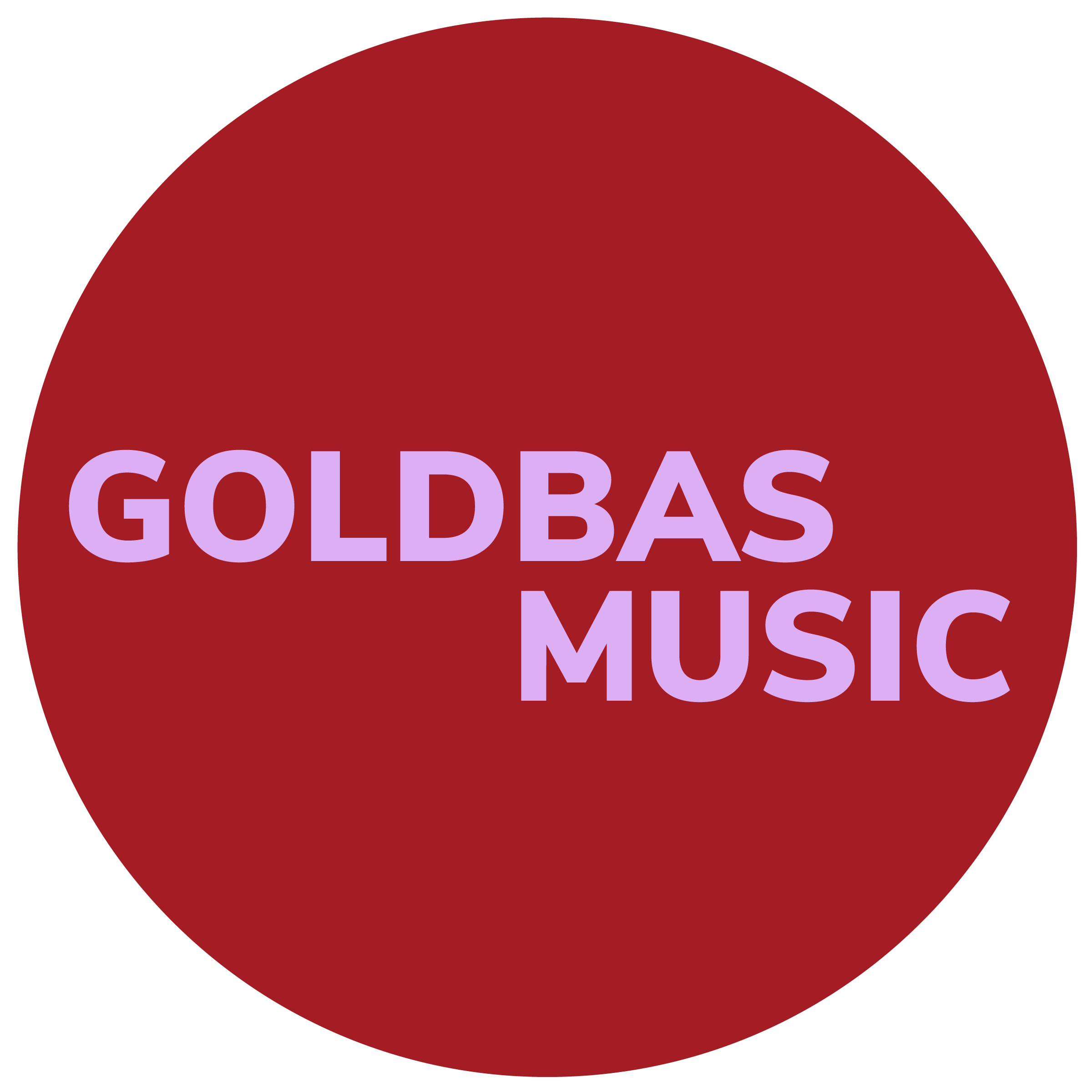 A red circle with the words 'GOLDBAS MUSIC' in large, purple letters.