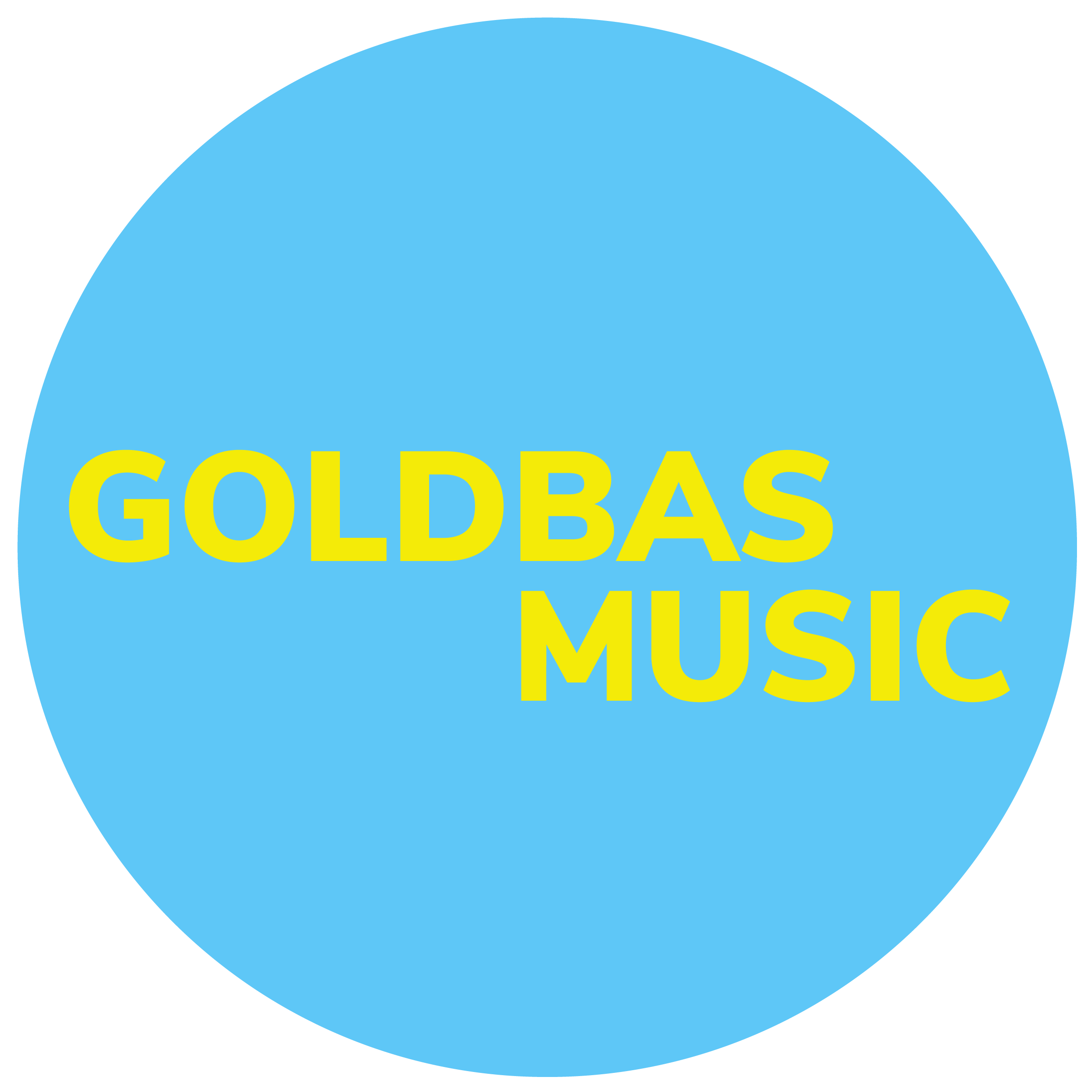 Blue circle with yellow text that reads 'GOLDBAS MUSIC'.