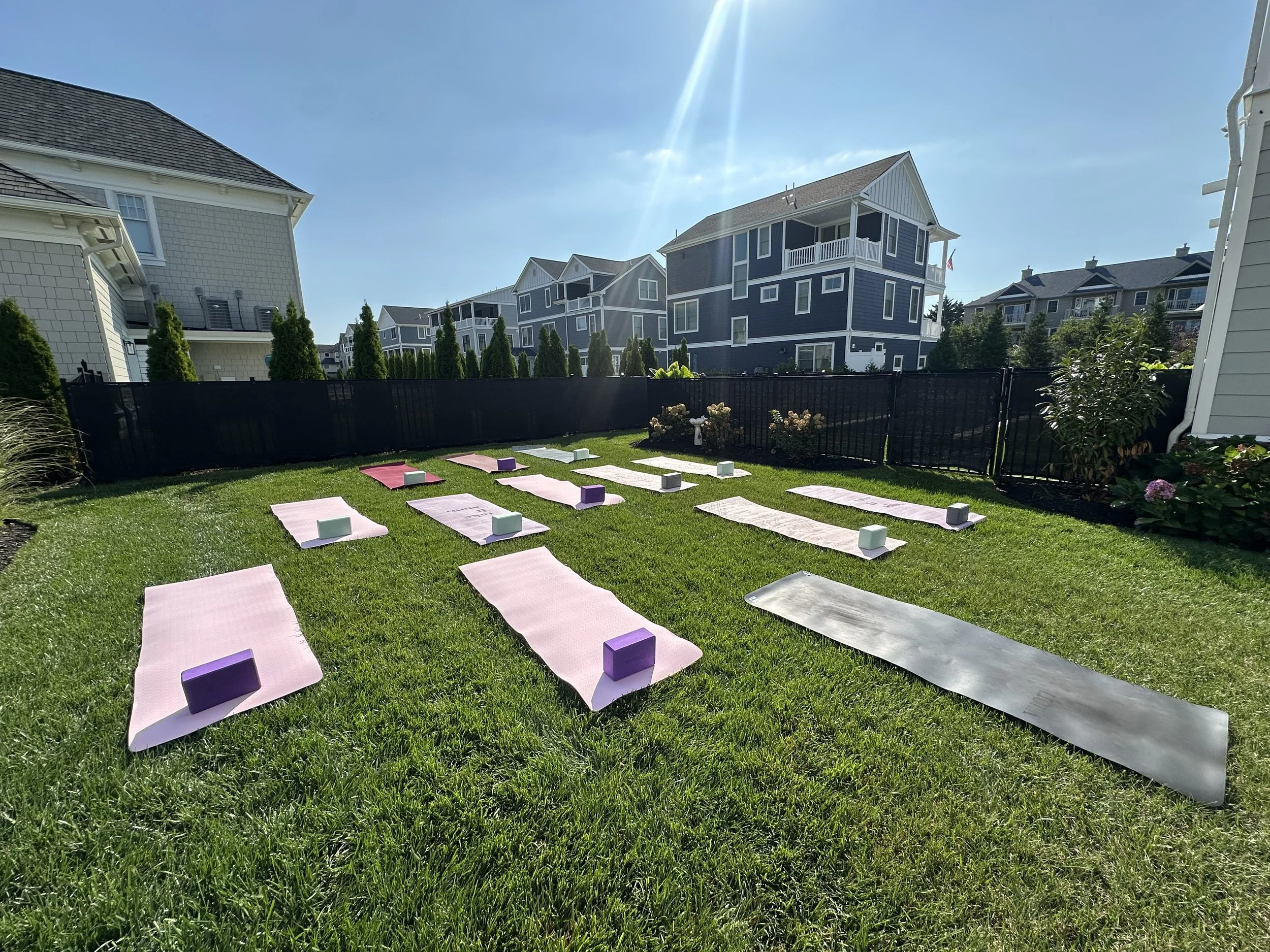 Picture of yoga mats set up on a sunny day in a back yard.  Yoga mats are a variety of colors and each mat has a block.  The sun is shining in this picture.