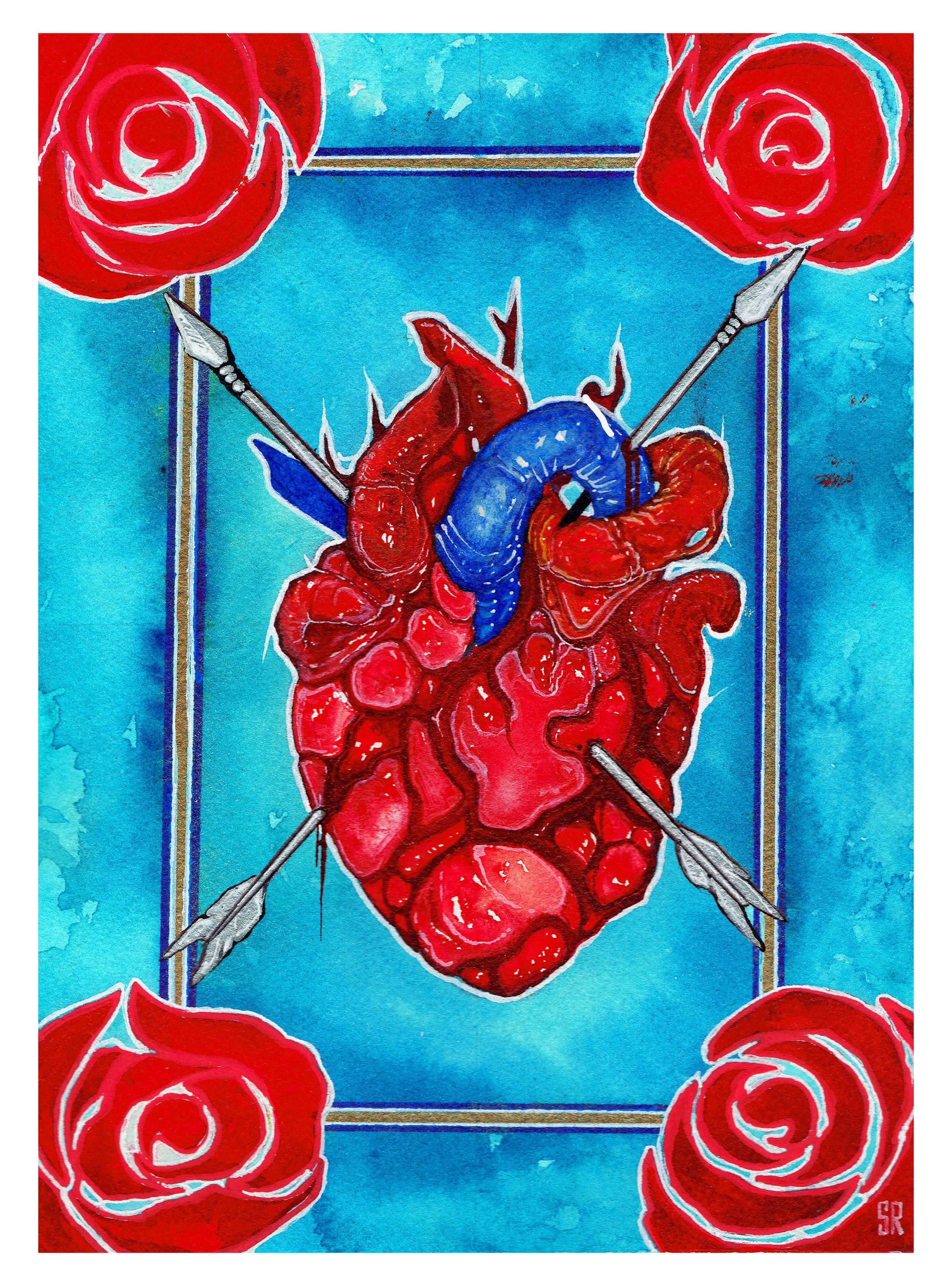 A colorful artistic depiction of a human heart pierced by four arrows, with red roses in each corner against a blue background.