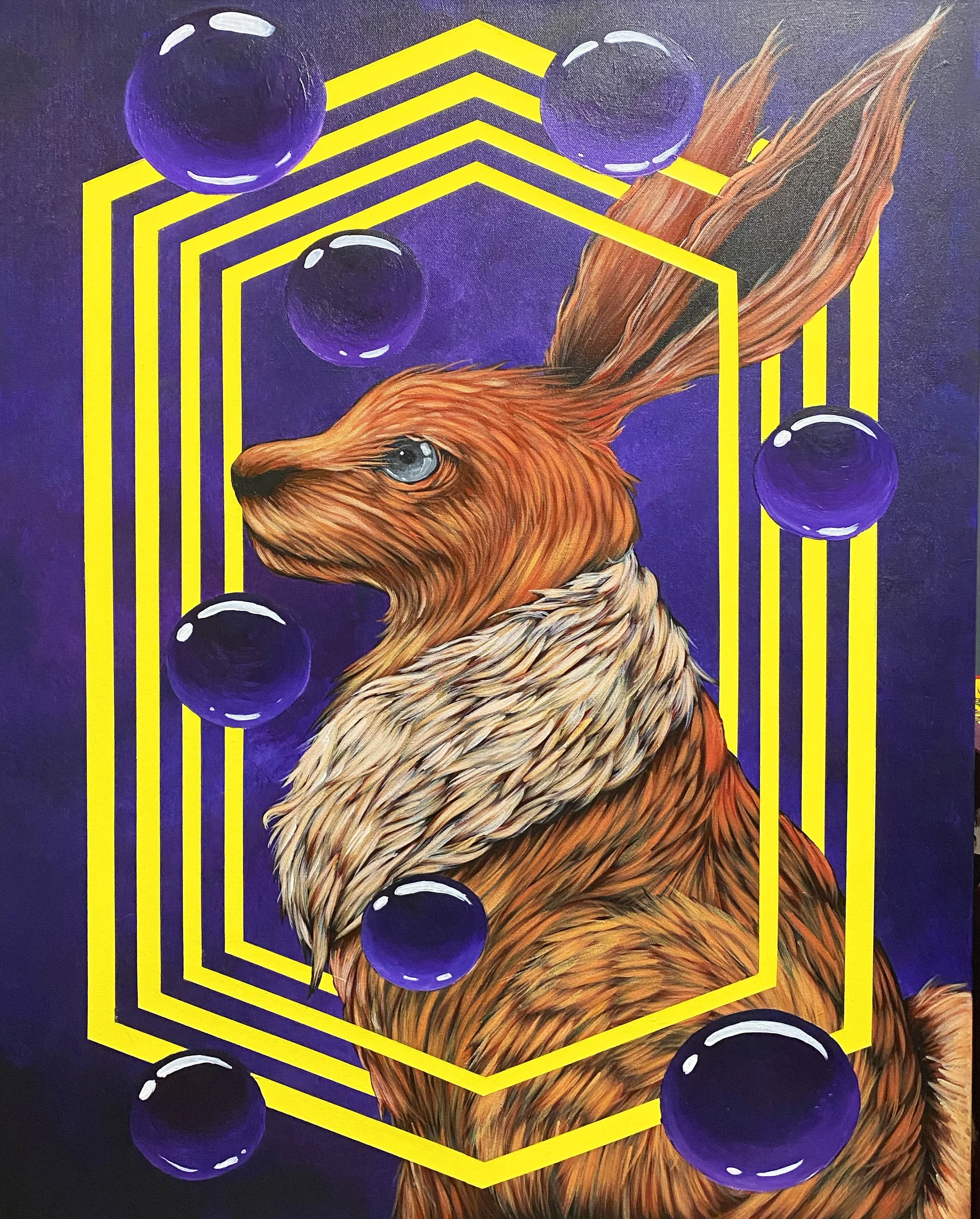 A painting of a fox with detailed fur, set against a purple background decorated with floating purple spheres and yellow geometric lines forming a border around the fox.