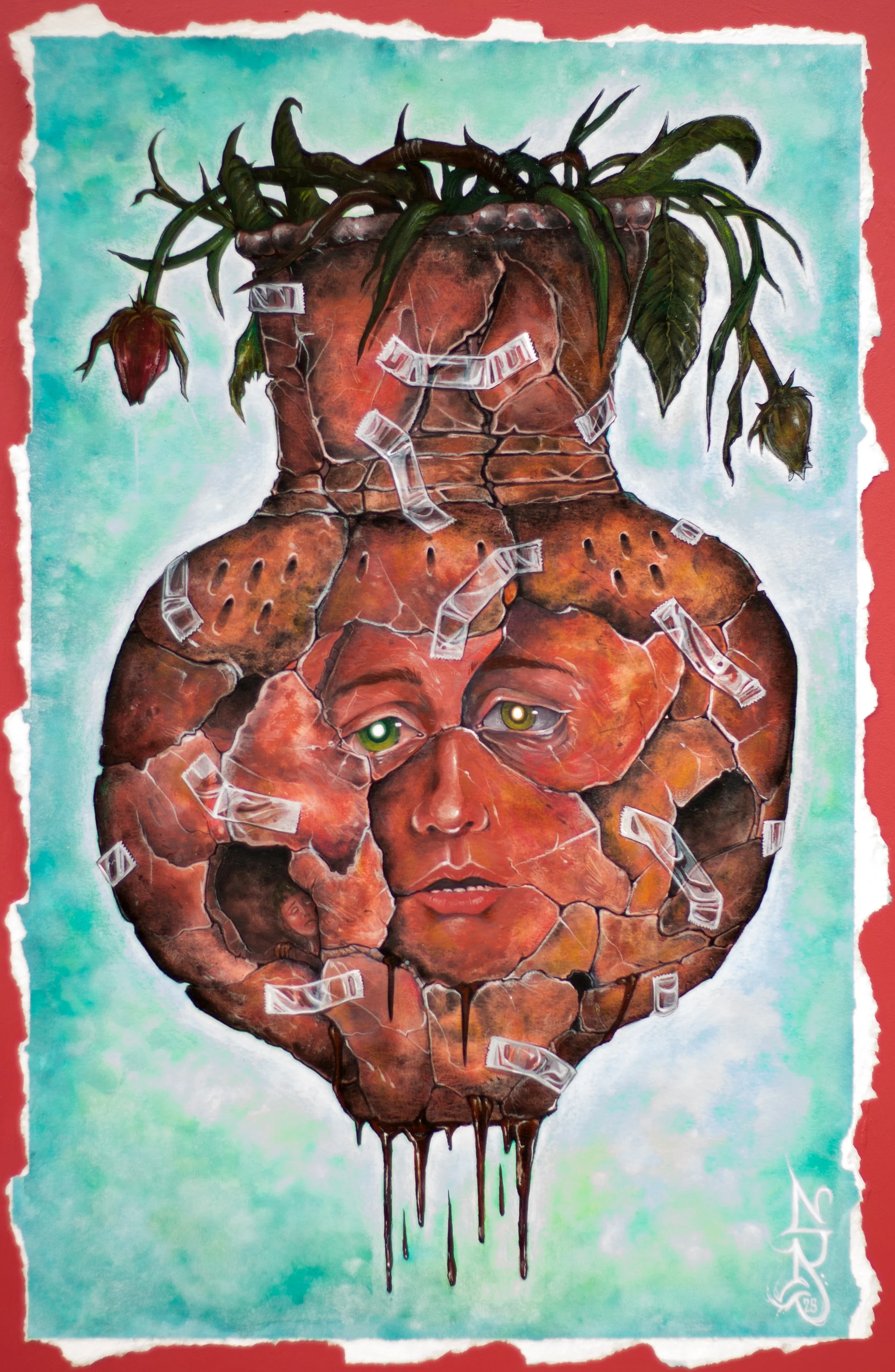 A surreal painting of a brain with a woman's face embedded within it, at the center. The brain appears cracked and weathered with broken parts and melting drips at the bottom. The top of the brain has a plant growing out of it with leaves and two ros