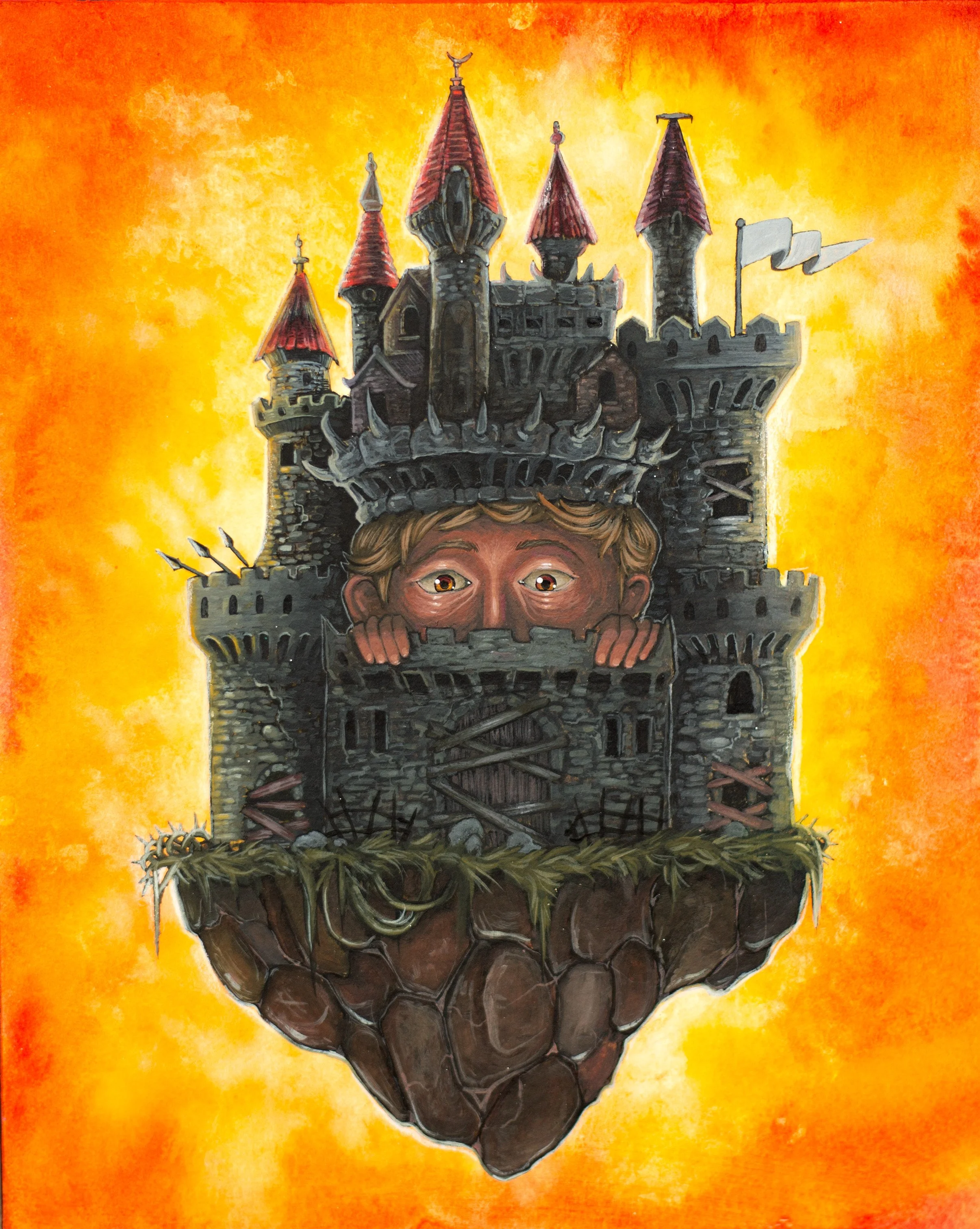 A fantasy painting of a floating castle with a young boy peeking over the wall, surrounded by fiery orange and yellow background.