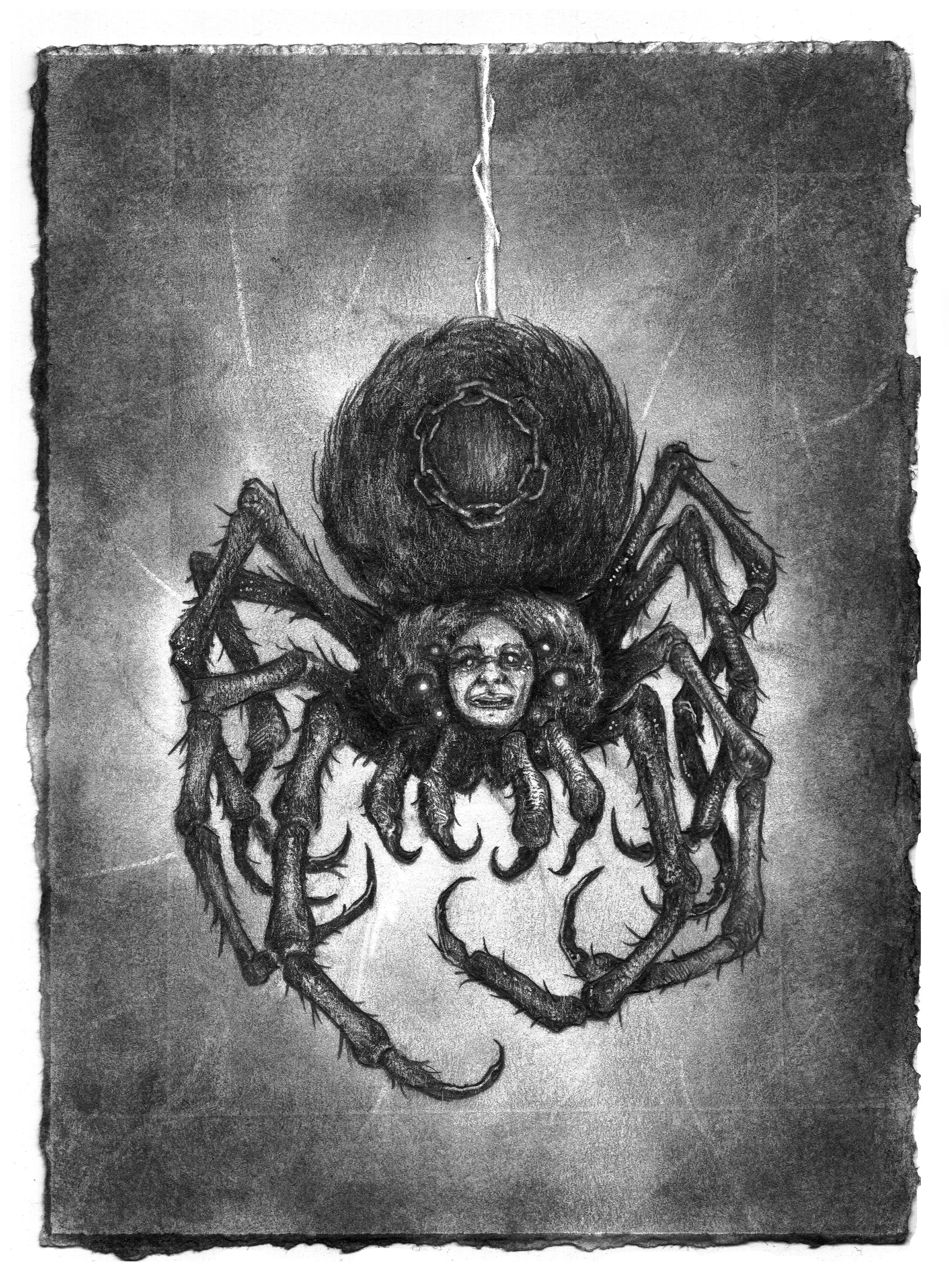 A surreal black and white drawing of a spider with a woman's face on its body, hanging from a string.