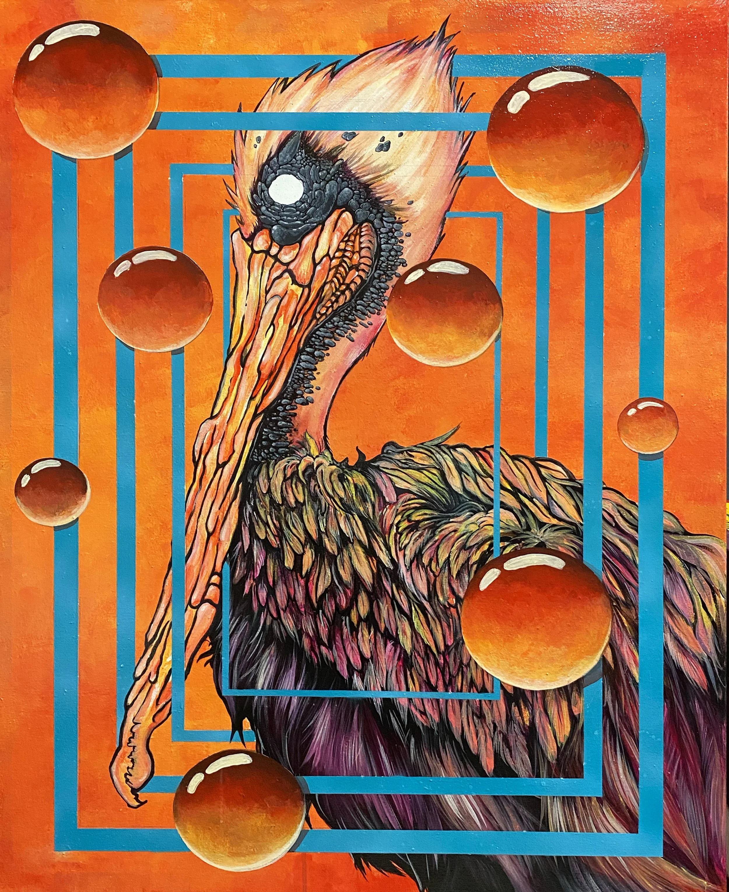 A colorful painting of a dinosaur with a long beak, surrounded by floating spheres, all set against a vibrant orange background with blue geometric lines.