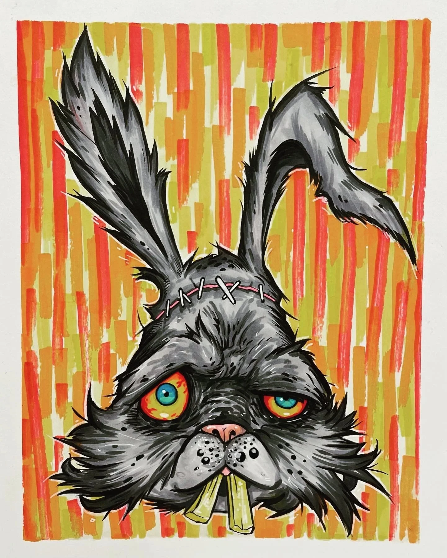 A painting of a black dog with a stern expression, featuring blue and yellow eyes, a stitched head, and long unkempt ears, set against an orange and yellow striped background.