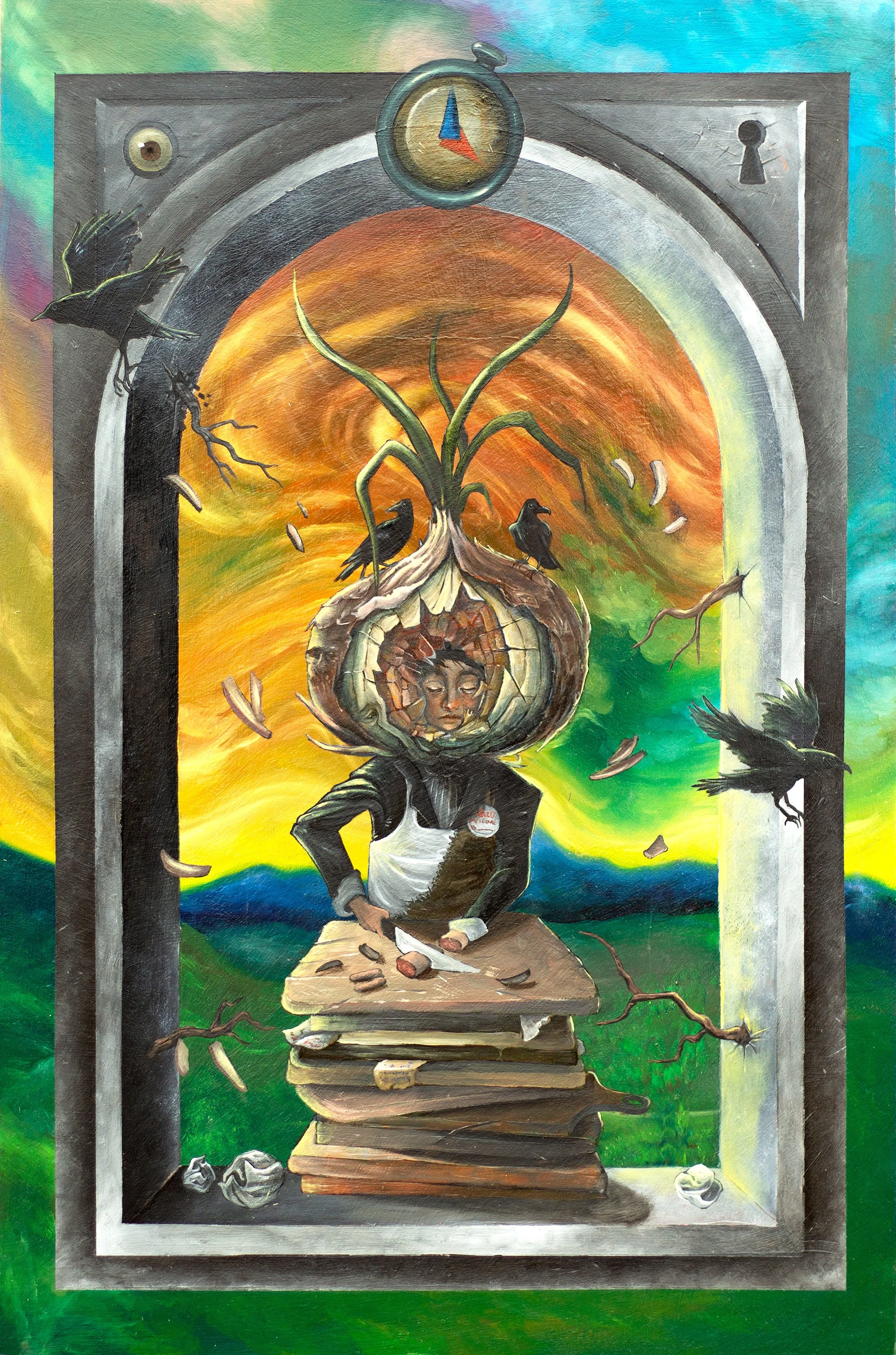 A surreal painting of a person with a tree growing from their head, surrounded by black birds and falling leaves. The person is chopping wood with a knife on a stack of books. The background features a colorful sky with mountains and a doorway or win