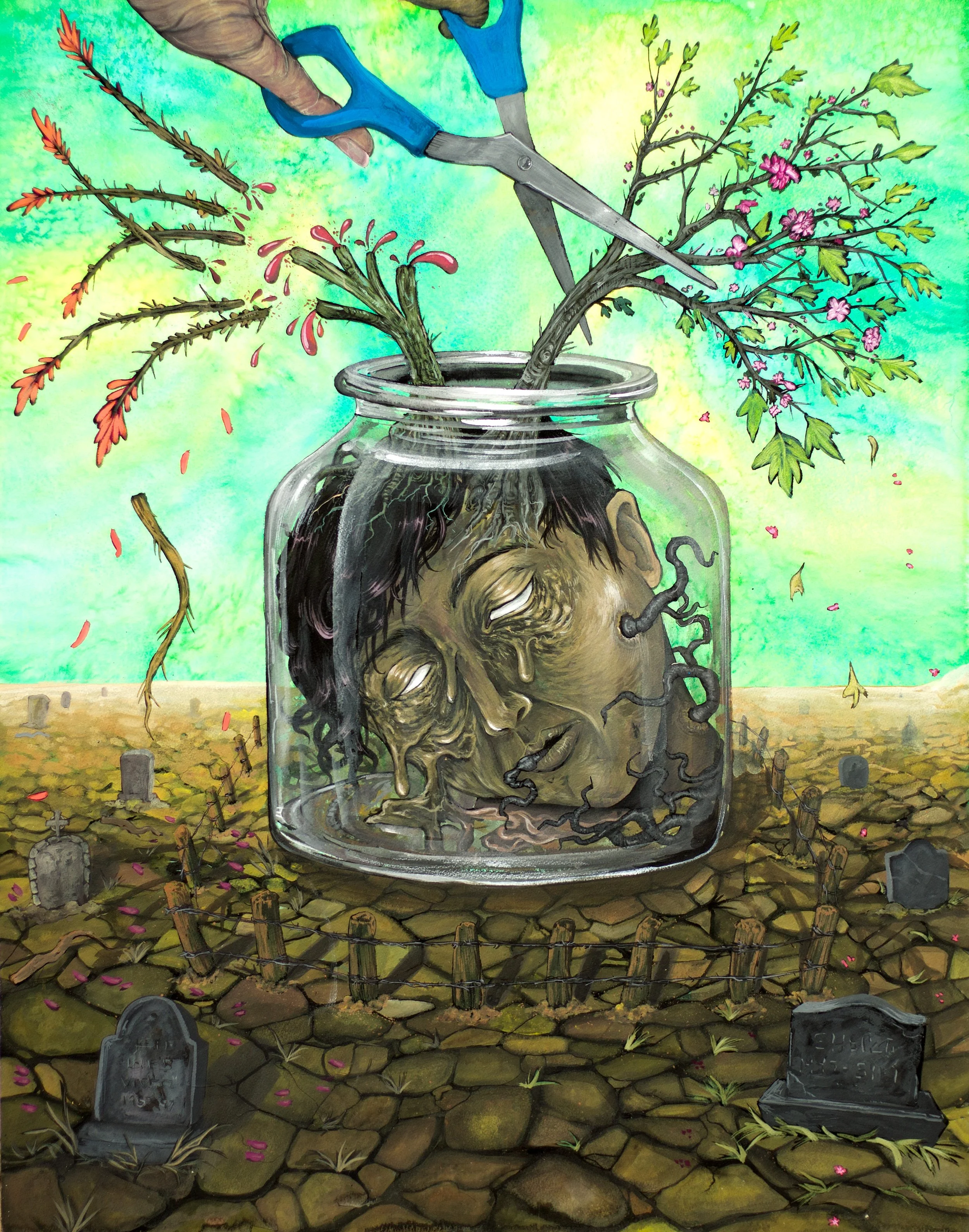 A painting of a jar with a human head and multiple faces inside, with roots and wires intertwined. The jar is placed on a cobblestone ground surrounded by weathered graves. Two branches with flowers are being cut and inserted into the jar.