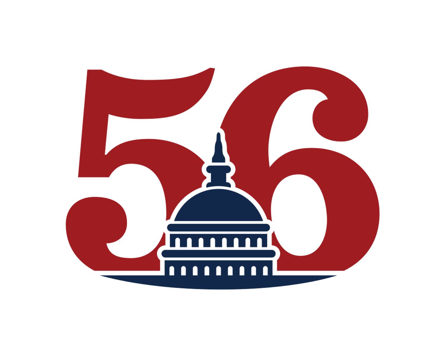 Number 56 with a silhouette of the U.S. Capitol building in blue inside the number.