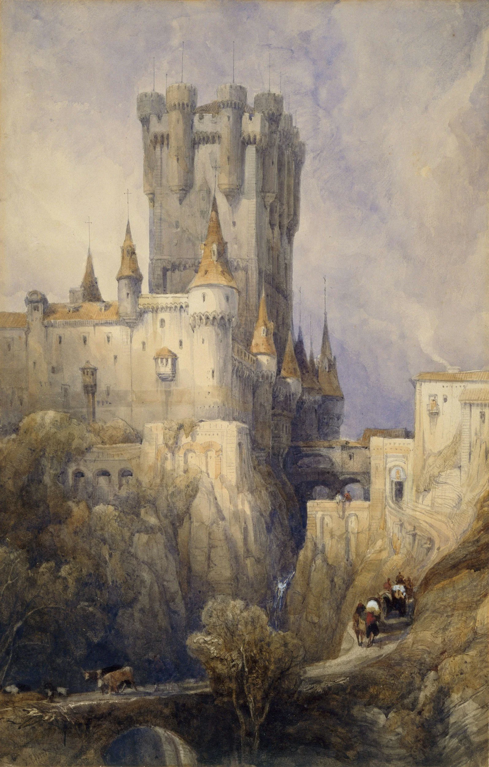 A watercolor painting of a medieval castle on a rocky hill with towers and walls, featuring a winding path with people and horses near the base, under a cloudy sky.
