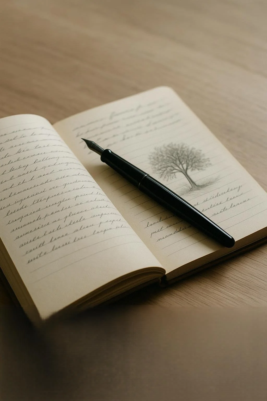 An open notebook with handwritten notes, a black fountain pen resting on the pages, and a sketch of a tree on the right page, all on a wooden surface.