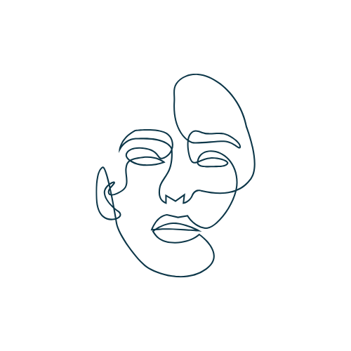 Line drawing of a person's face with minimal features and curly hair